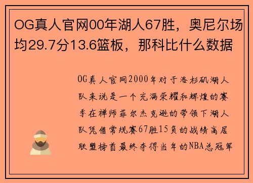 OG真人官网00年湖人67胜，奥尼尔场均29.7分13.6篮板，那科比什么数据？